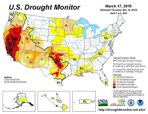 The U.S. Drought Monitor is produced in partnership between the National Drought Mitigation Center at the University of Nebraska-Lincoln, the United States Department of Agriculture, and the National Oceanic and Atmospheric Administration.