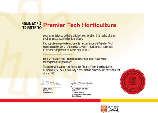 Certificat de reconnaissance sur la gestion responsable des tourbières de l'université de Laval pour Premier Tech Horticulture