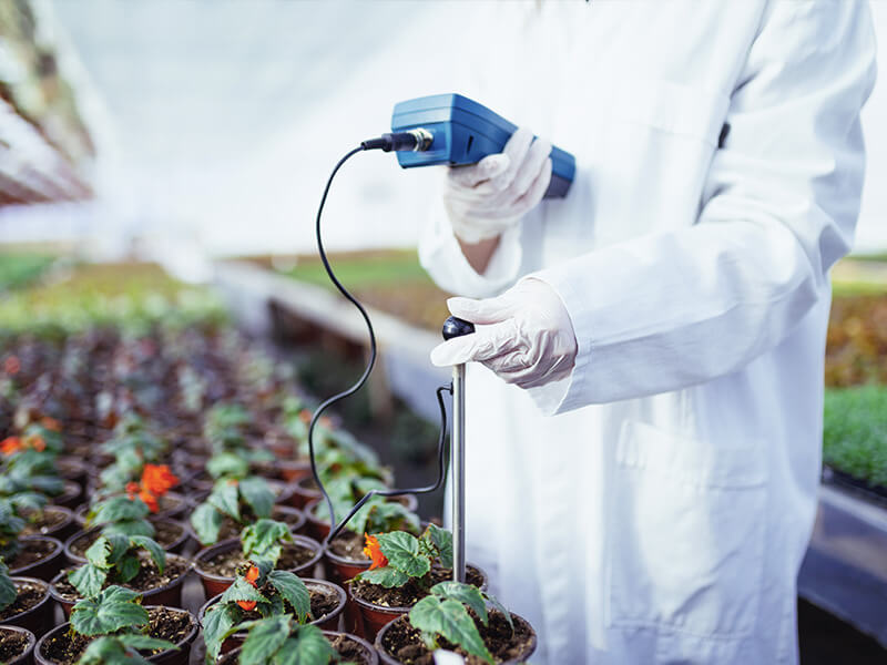 Woman testing ph level in a greenhouse
