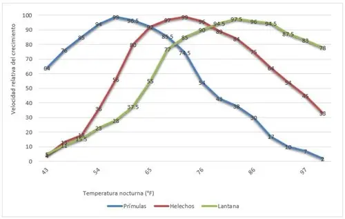 Este cuadro muestra la velocidad de crecimiento de tres cultivos diferentes segun la temperatura nocturna
