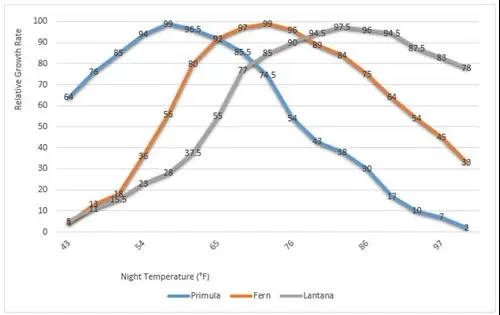 This chart shows the growth rate of three different crops based on night temperature